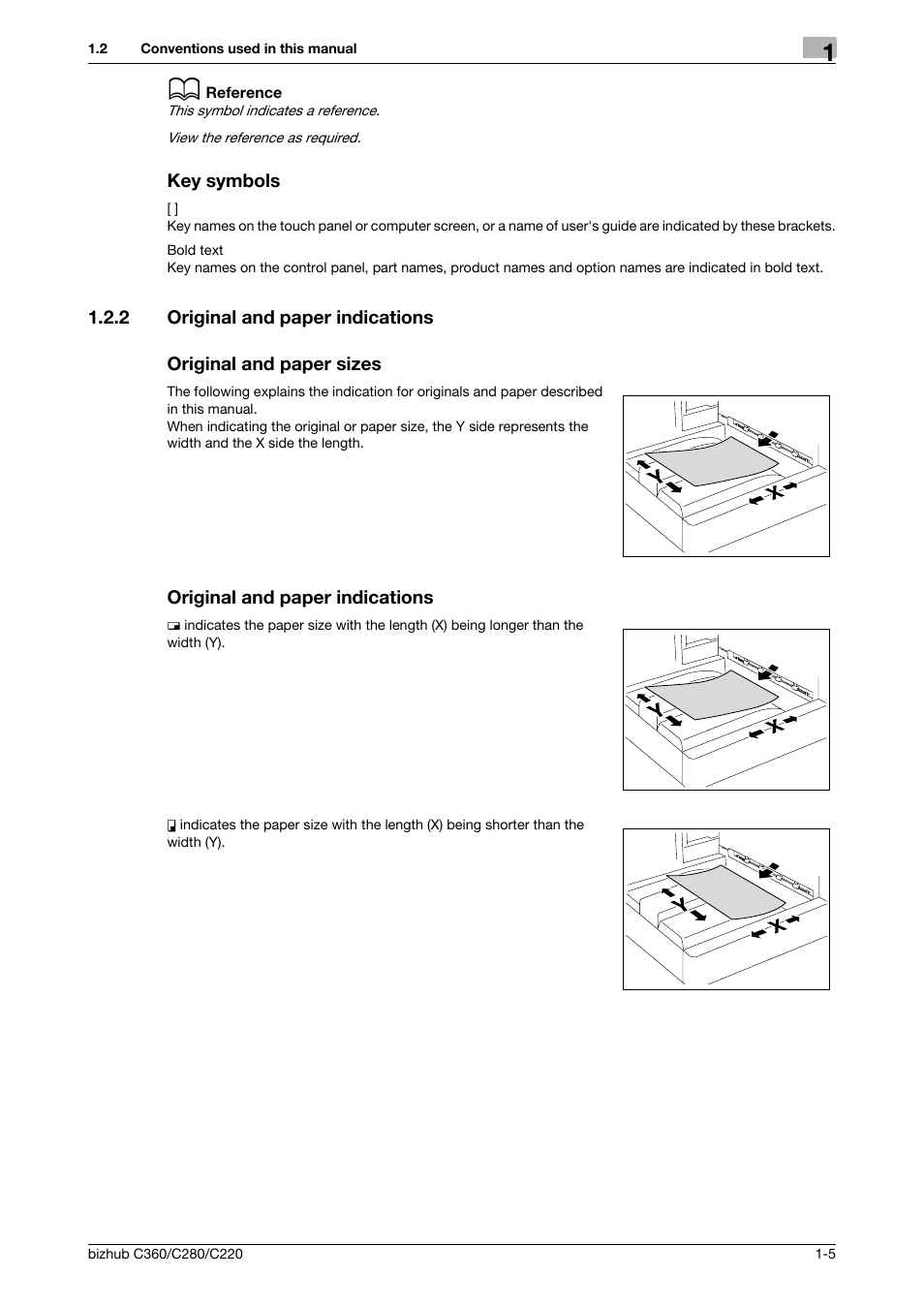 Key symbols, 2 original and paper indications, Original and paper sizes | Original and paper indications, Key symbols -5 | Konica Minolta BIZHUB C360 User Manual | Page 12 / 285