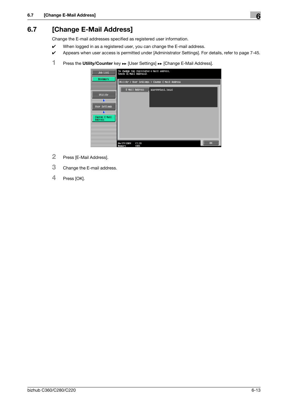 7 [change e-mail address, Change e-mail address] -13 | Konica Minolta BIZHUB C360 User Manual | Page 133 / 285