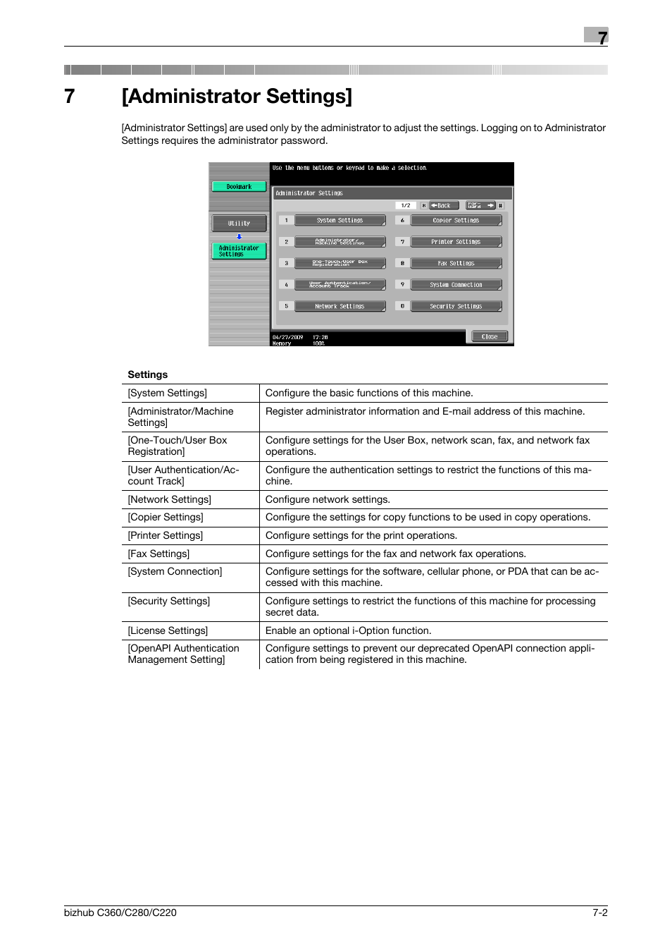 7 [administrator settings, Administrator settings, 7[administrator settings | Konica Minolta BIZHUB C360 User Manual | Page 139 / 285