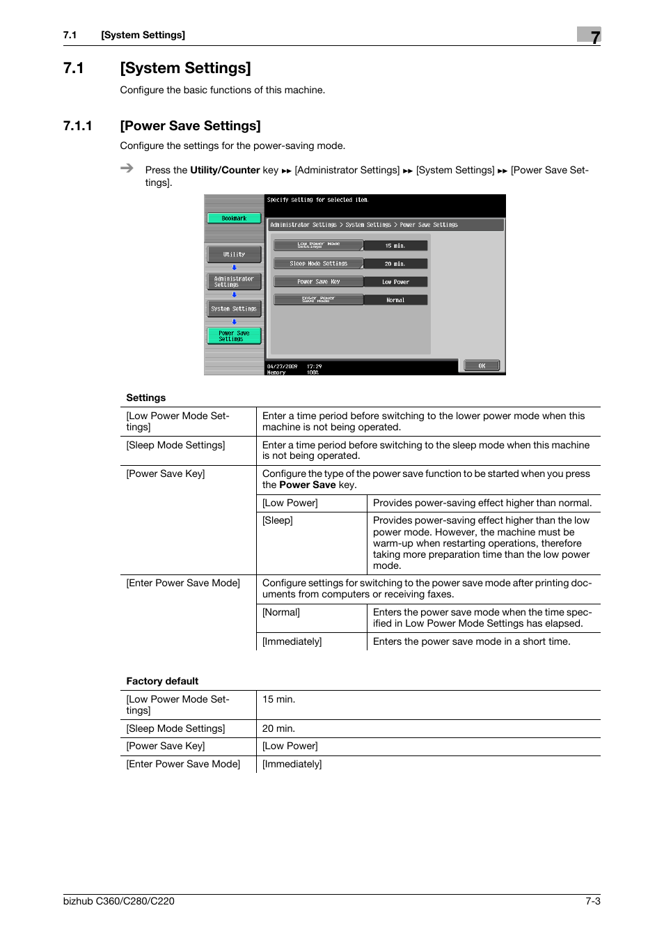 1 [system settings, 1 [power save settings, System settings] -3 | Power save settings] -3 | Konica Minolta BIZHUB C360 User Manual | Page 140 / 285