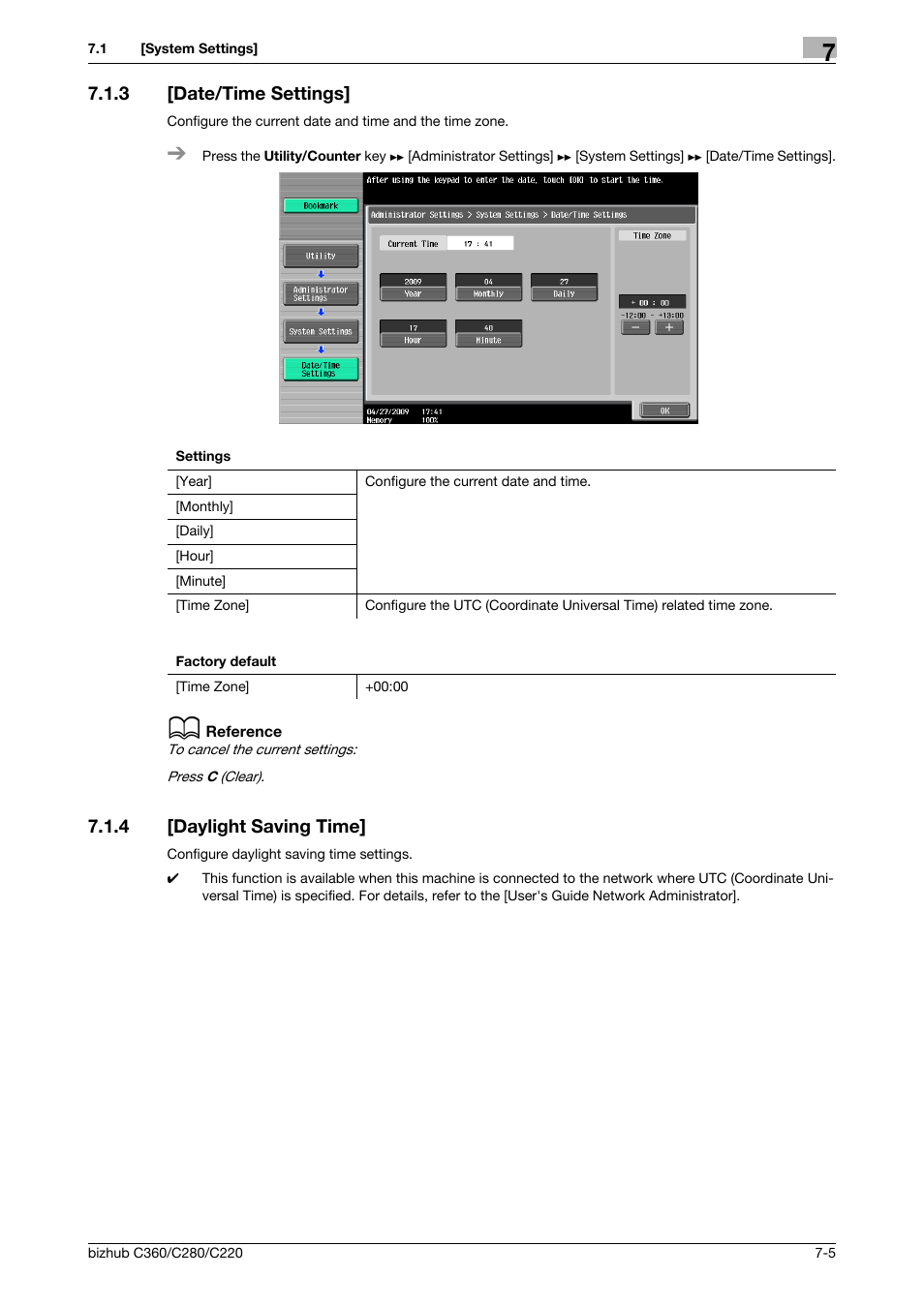 3 [date/time settings, 4 [daylight saving time, Date/time settings] -5 | Daylight saving time] -5 | Konica Minolta BIZHUB C360 User Manual | Page 142 / 285