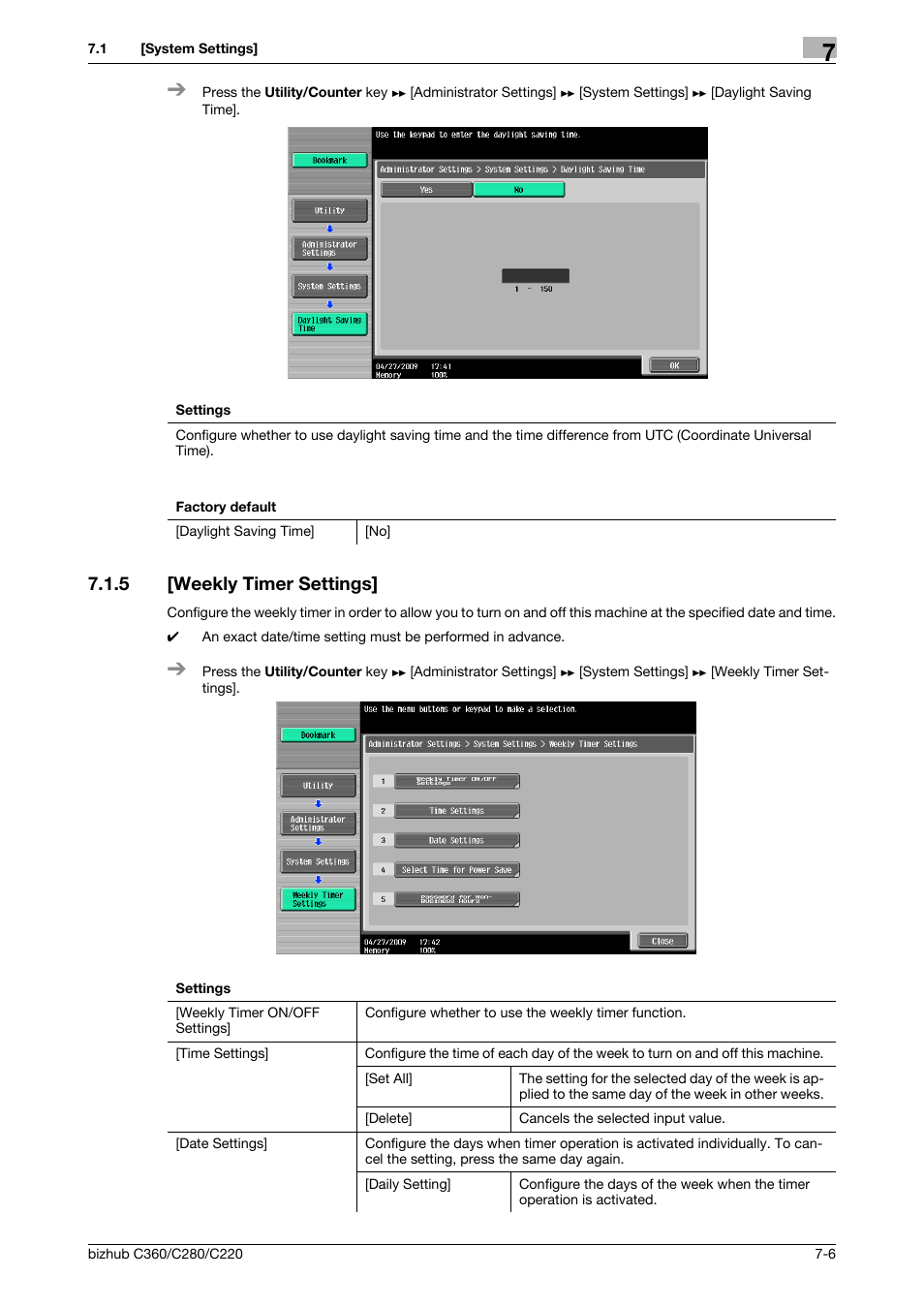 5 [weekly timer settings, Weekly timer settings] -6 | Konica Minolta BIZHUB C360 User Manual | Page 143 / 285