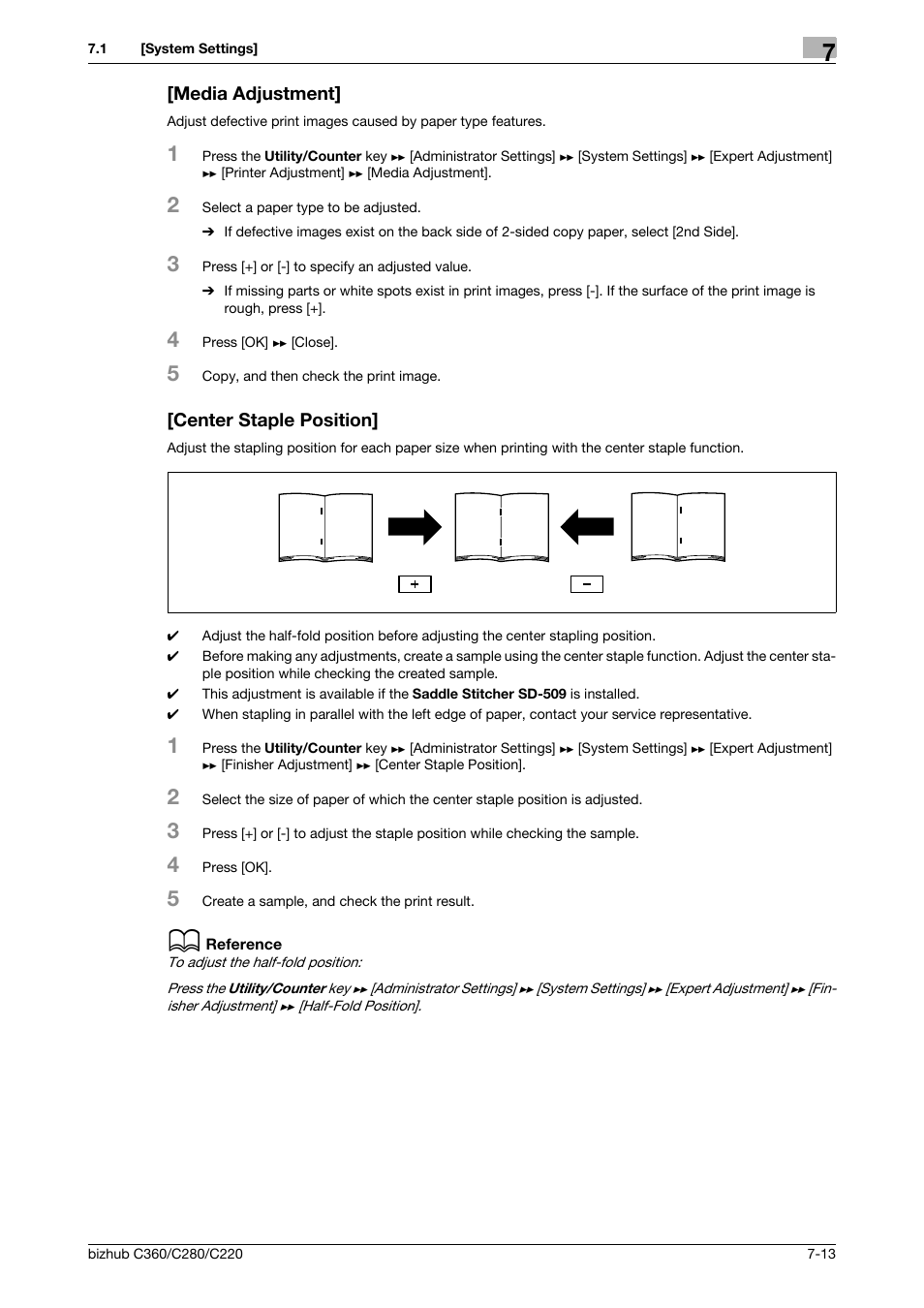 Media adjustment, Center staple position, Media adjustment] -13 [center staple position] -13 | P. 7-13 | Konica Minolta BIZHUB C360 User Manual | Page 150 / 285