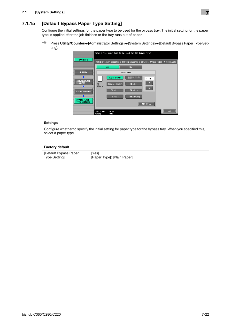 15 [default bypass paper type setting, Default bypass paper type setting] -22 | Konica Minolta BIZHUB C360 User Manual | Page 159 / 285