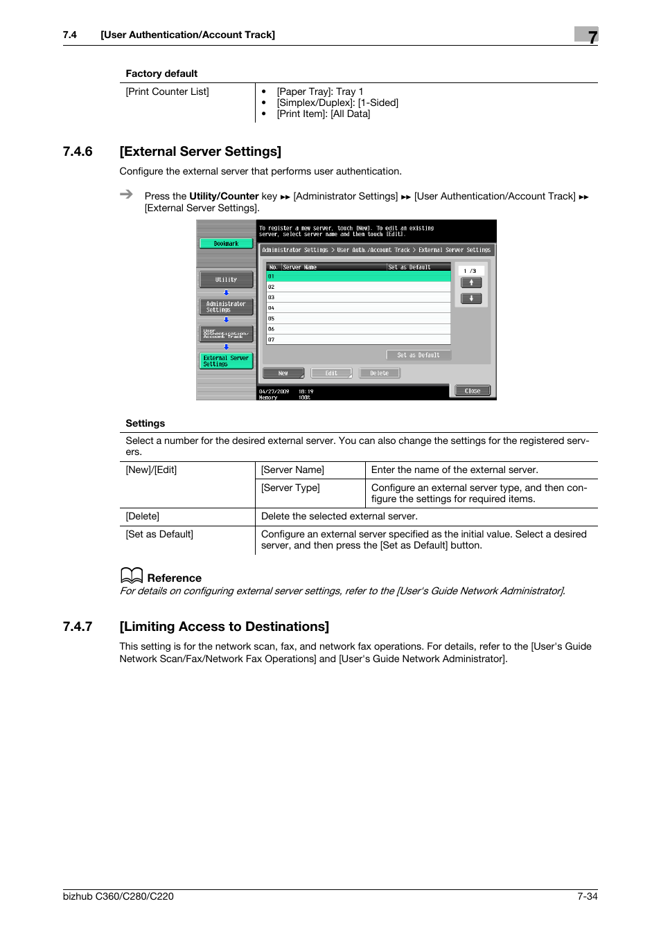 6 [external server settings, 7 [limiting access to destinations, External server settings] -34 | Limiting access to destinations] -34 | Konica Minolta BIZHUB C360 User Manual | Page 171 / 285