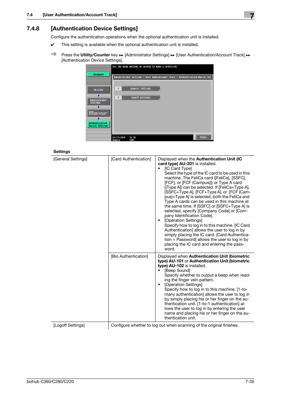 8 [authentication device settings, Authentication device settings] -35 | Konica Minolta BIZHUB C360 User Manual | Page 172 / 285