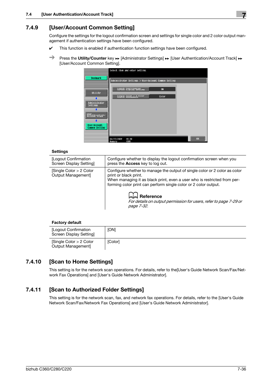 9 [user/account common setting, 10 [scan to home settings, 11 [scan to authorized folder settings | User/account common setting] -36, Scan to home settings] -36, Scan to authorized folder settings] -36 | Konica Minolta BIZHUB C360 User Manual | Page 173 / 285