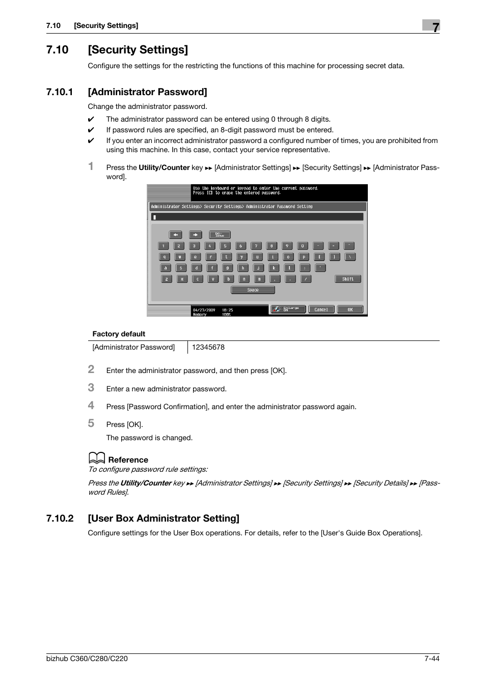 10 [security settings, 1 [administrator password, 2 [user box administrator setting | Security settings] -44, Administrator password] -44, User box administrator setting] -44 | Konica Minolta BIZHUB C360 User Manual | Page 181 / 285