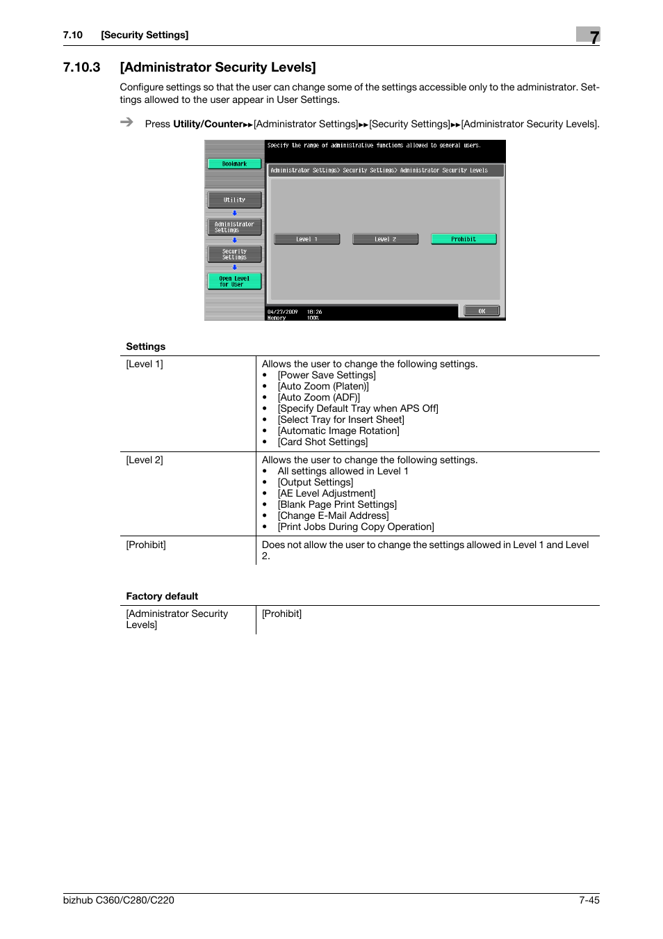 3 [administrator security levels, Administrator security levels] -45 | Konica Minolta BIZHUB C360 User Manual | Page 182 / 285