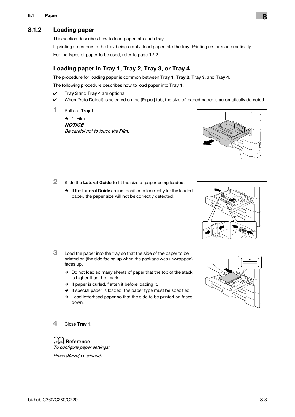 2 loading paper, Loading paper in tray 1, tray 2, tray 3, or tray 4 | Konica Minolta BIZHUB C360 User Manual | Page 193 / 285