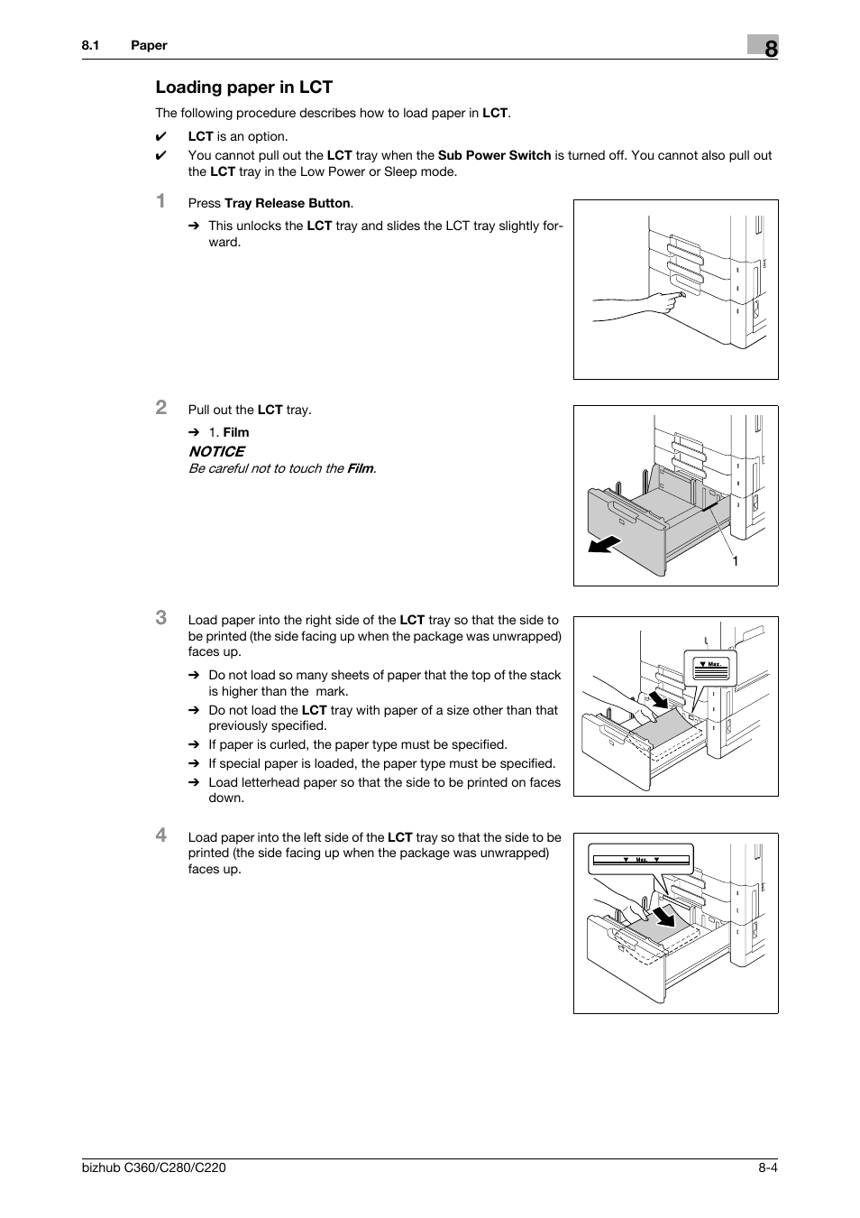 Loading paper in lct, Loading paper in lct -4 | Konica Minolta BIZHUB C360 User Manual | Page 194 / 285