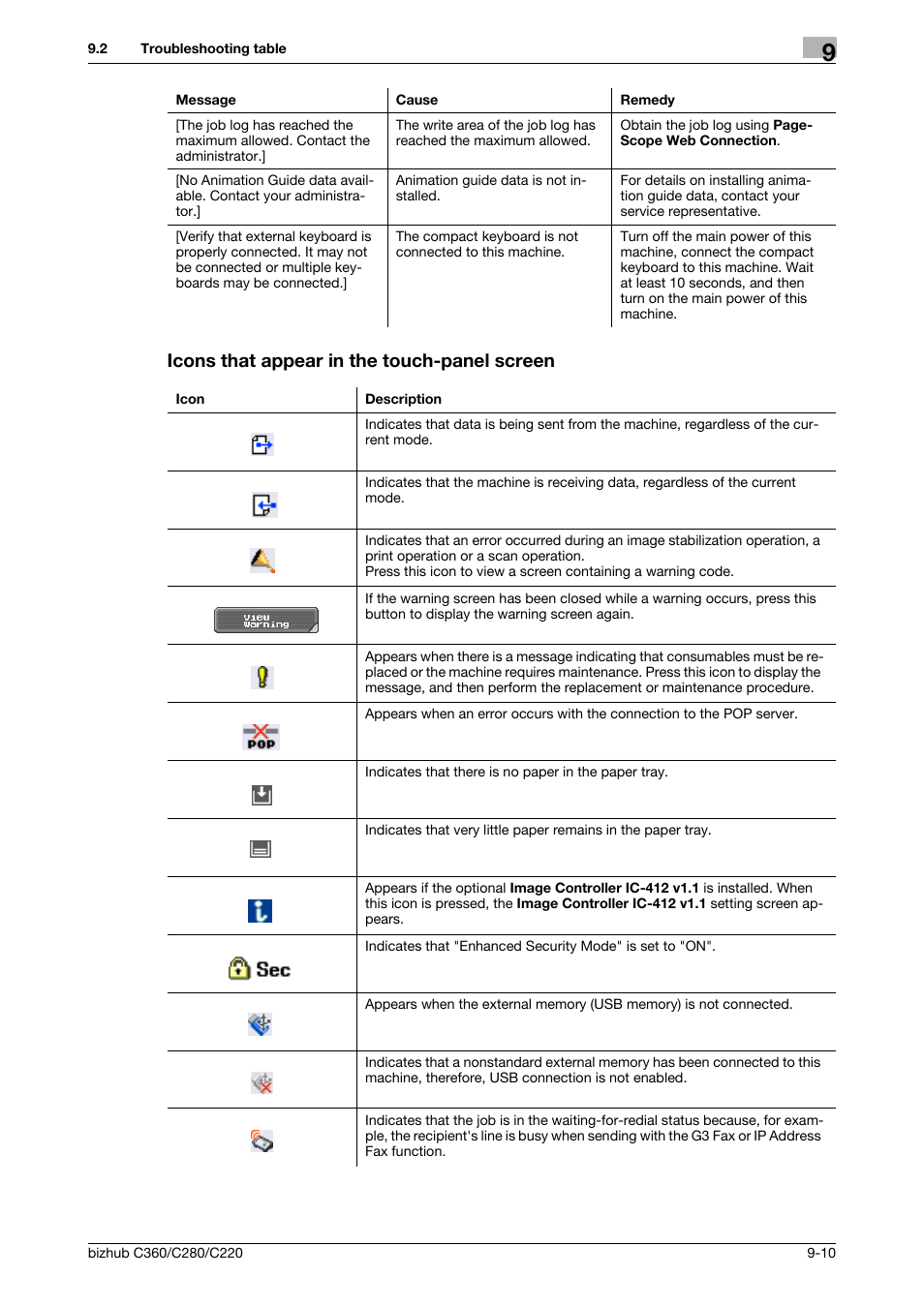 Icons that appear in the touch-panel screen, Icons that appear in the touch-panel screen -10 | Konica Minolta BIZHUB C360 User Manual | Page 212 / 285