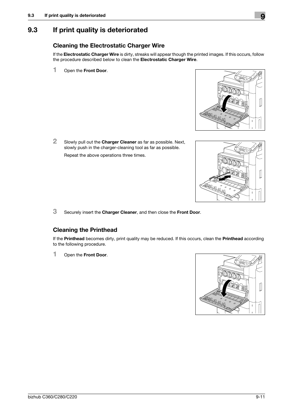 3 if print quality is deteriorated, Cleaning the electrostatic charger wire, Cleaning the printhead | P. 9-11) | Konica Minolta BIZHUB C360 User Manual | Page 213 / 285