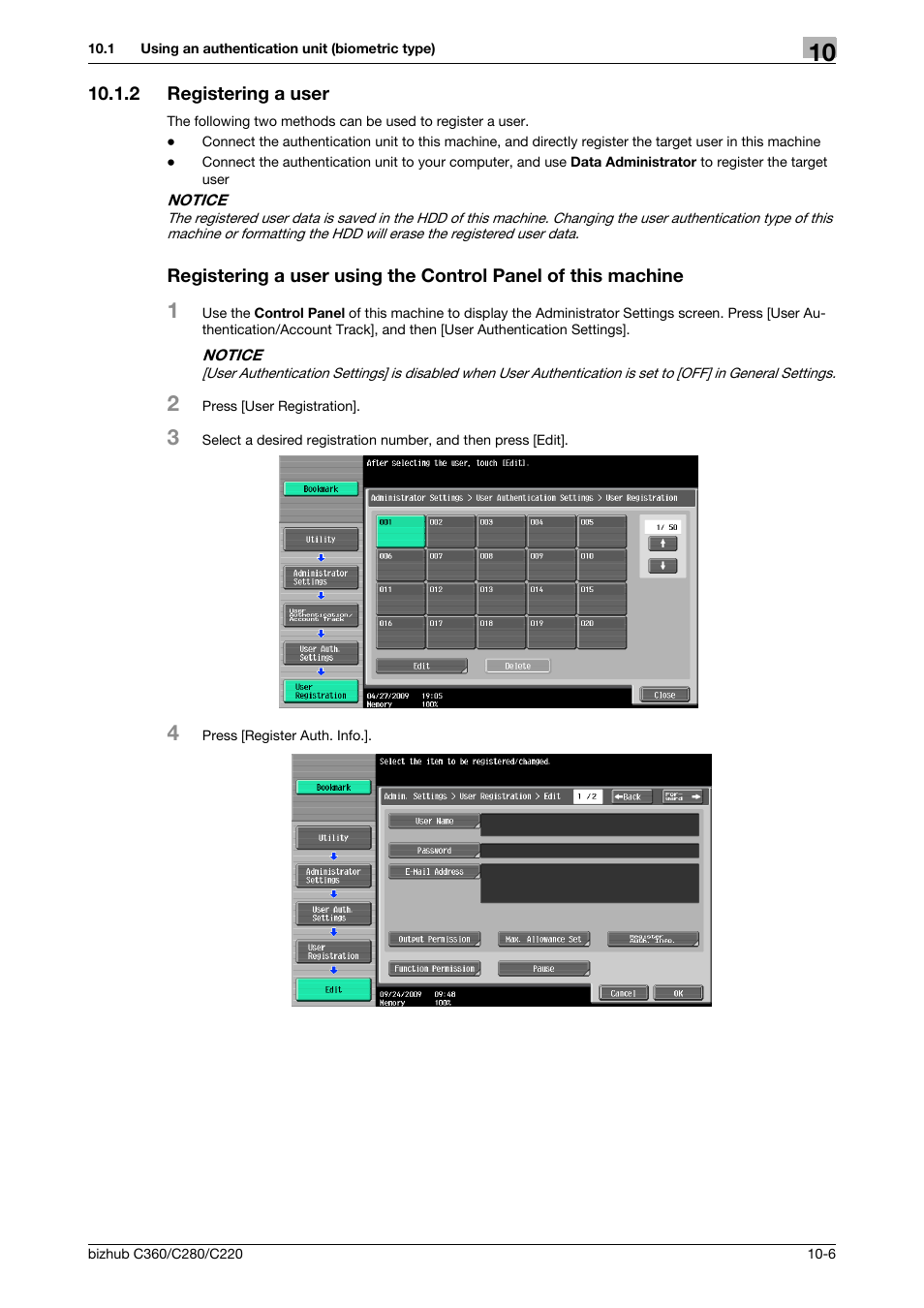 2 registering a user | Konica Minolta BIZHUB C360 User Manual | Page 220 / 285