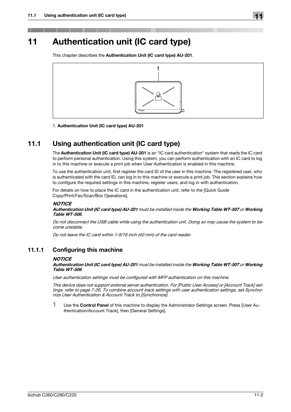 11 authentication unit (ic card type), 1 using authentication unit (ic card type), 1 configuring this machine | Authentication unit (ic card type), Using authentication unit (ic card type) -2, Configuring this machine -2 | Konica Minolta BIZHUB C360 User Manual | Page 235 / 285