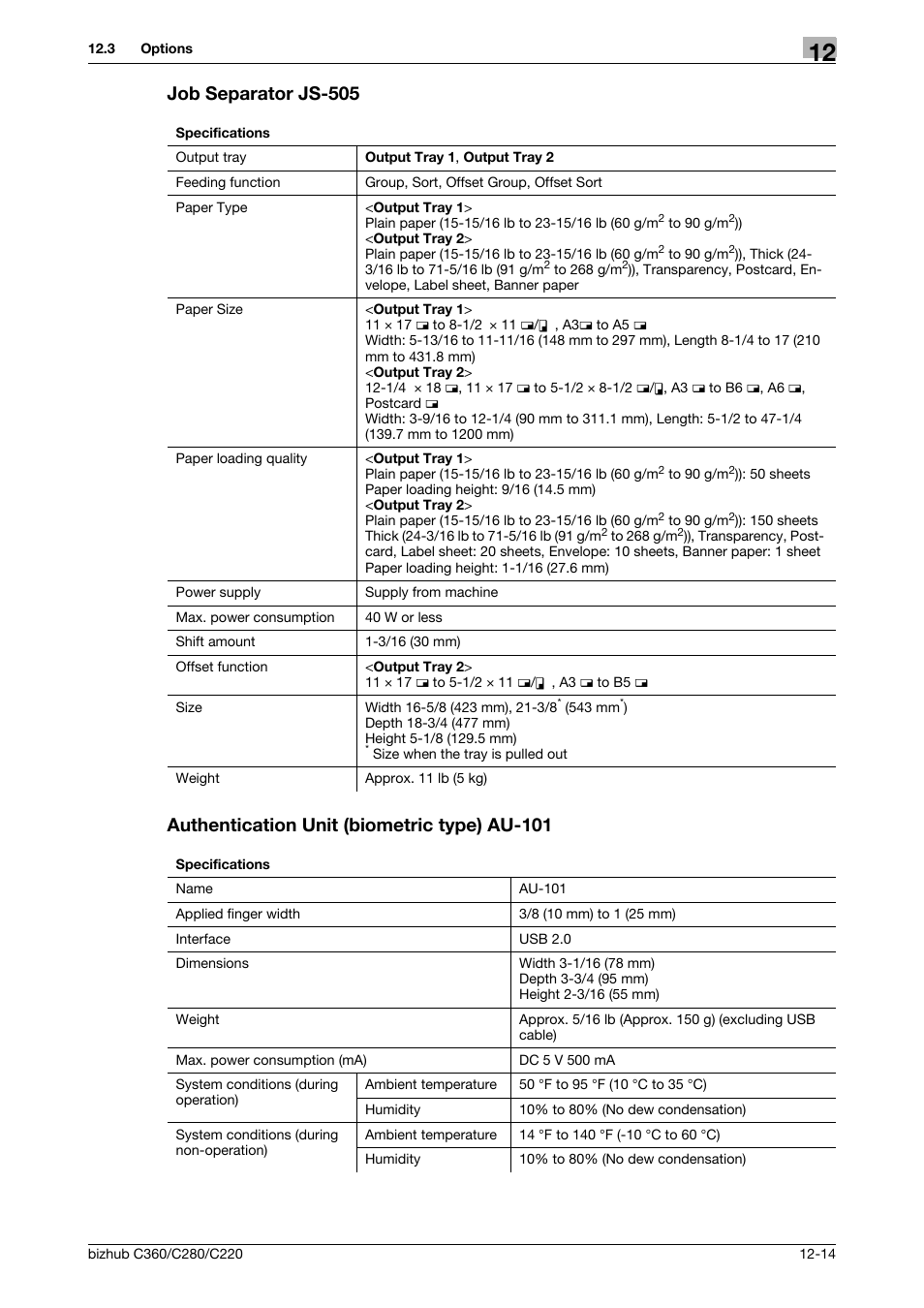 Job separator js-505, Authentication unit (biometric type) au-101 | Konica Minolta BIZHUB C360 User Manual | Page 263 / 285