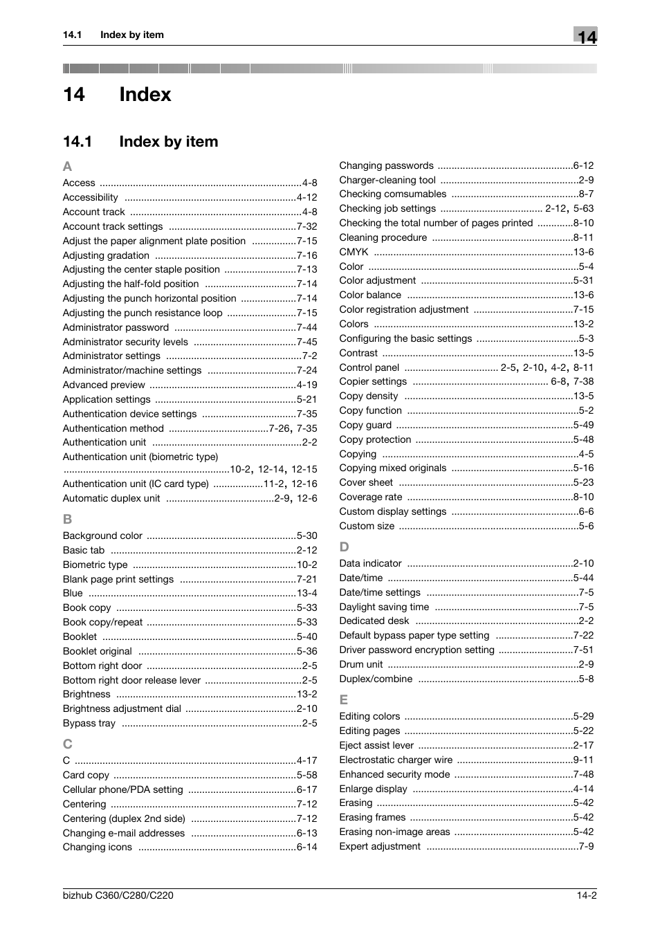 14 index, 1 index by item, A to e | Index, Index by item -2 | Konica Minolta BIZHUB C360 User Manual | Page 276 / 285