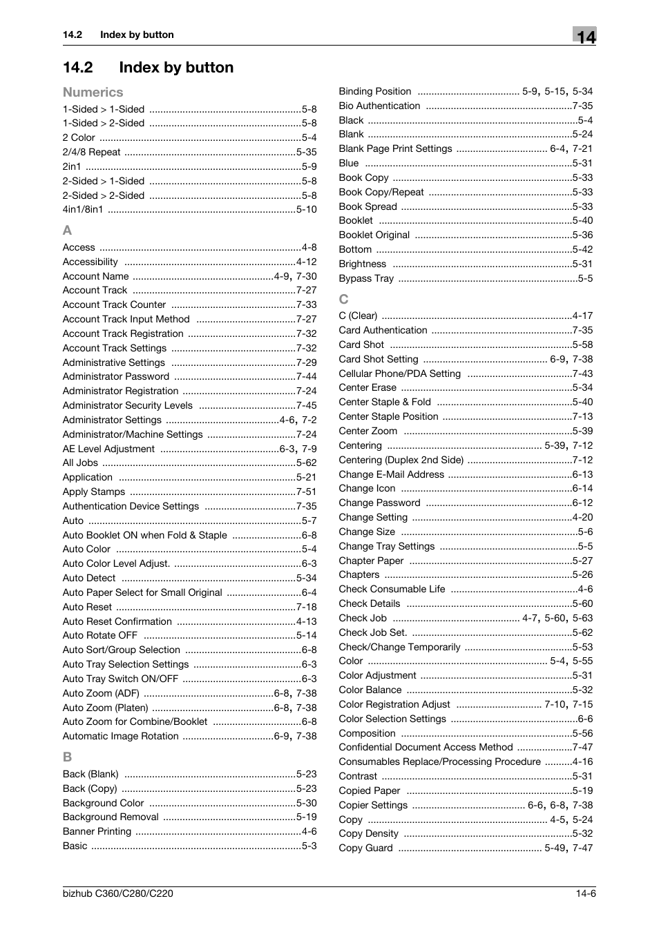 2 index by button, A to c, Index by button -6 | Konica Minolta BIZHUB C360 User Manual | Page 280 / 285