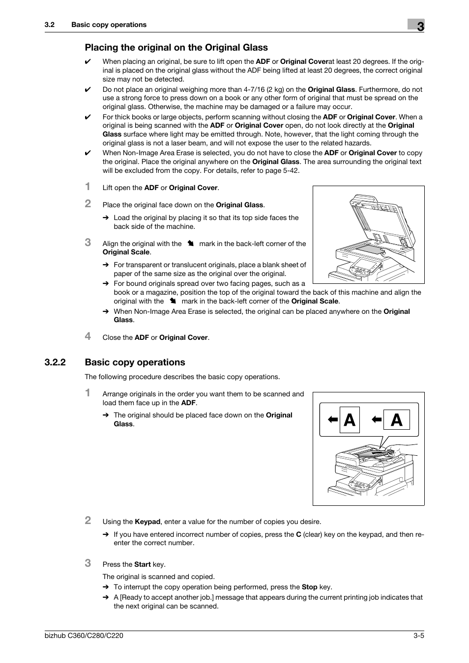 Placing the original on the original glass, 2 basic copy operations, Placing the original on the original glass -5 | Basic copy operations -5 | Konica Minolta BIZHUB C360 User Manual | Page 34 / 285