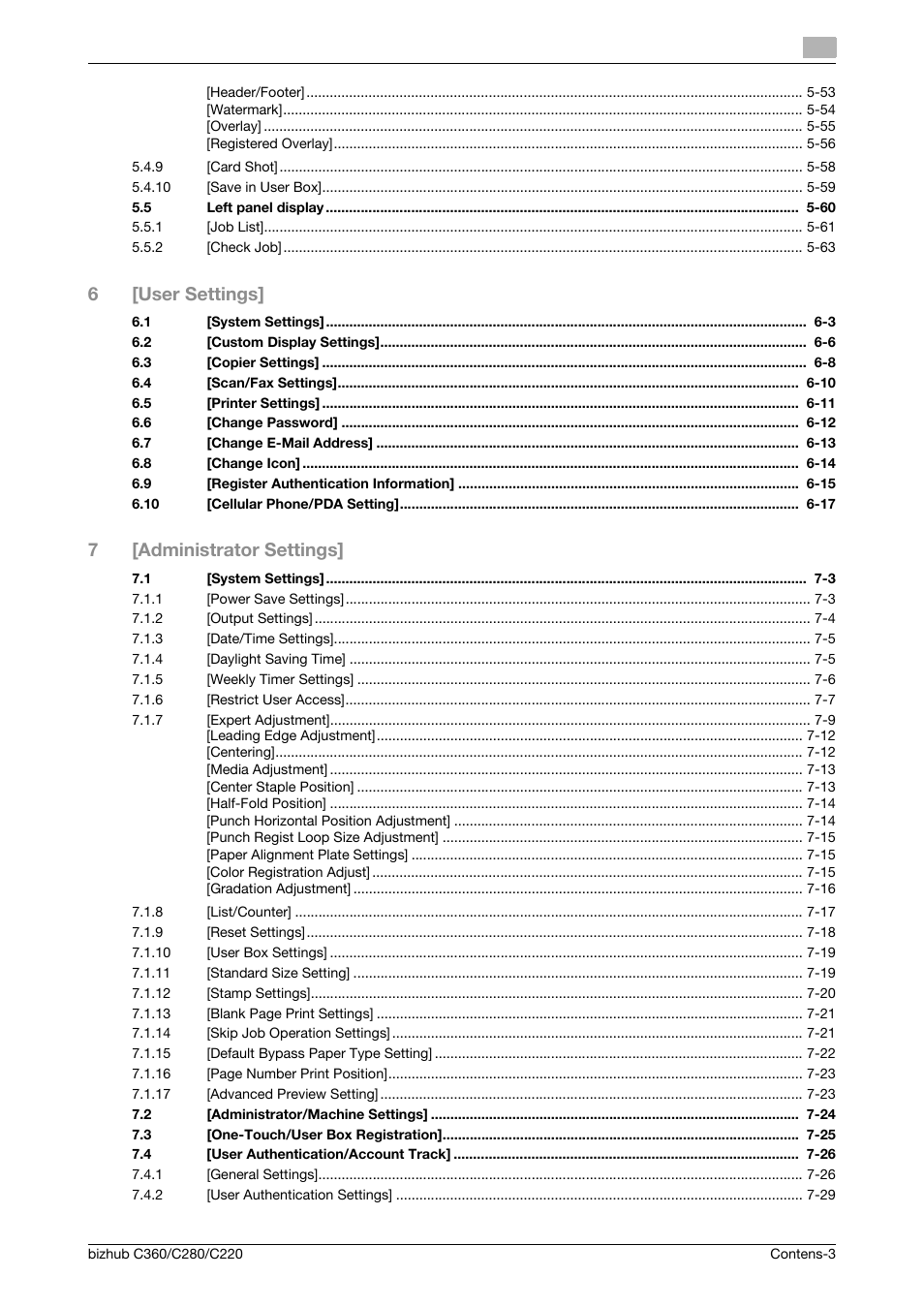 6[user settings, 7[administrator settings | Konica Minolta BIZHUB C360 User Manual | Page 4 / 285