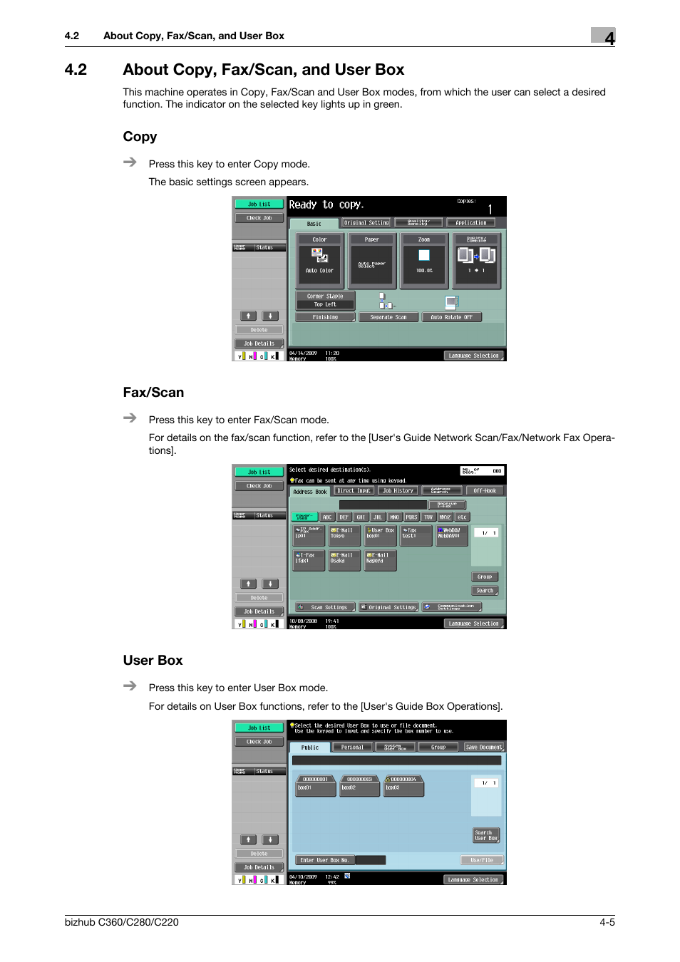 2 about copy, fax/scan, and user box, Copy, Fax/scan | User box, P. 4-5 | Konica Minolta BIZHUB C360 User Manual | Page 42 / 285