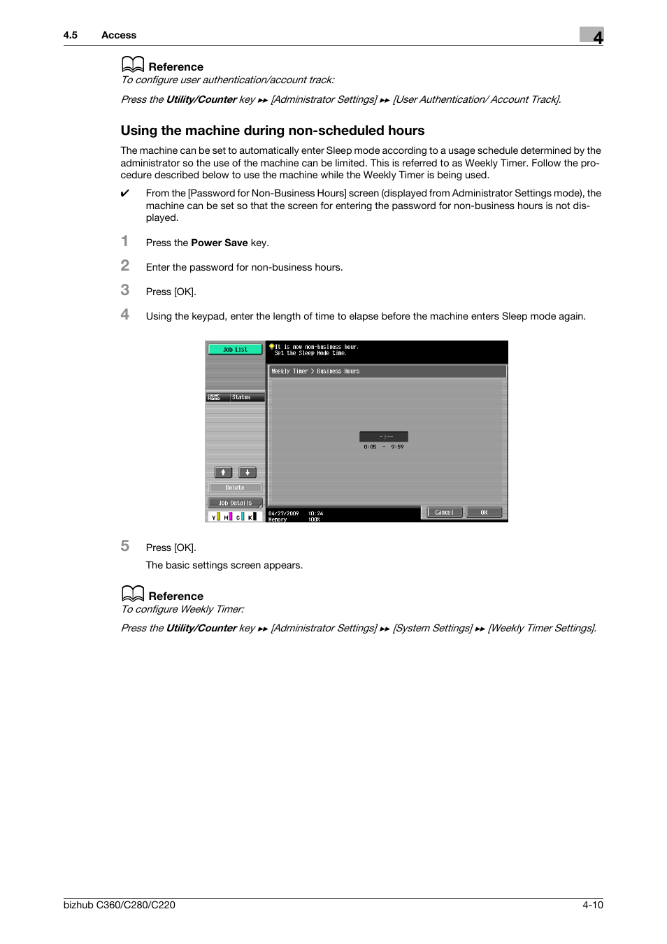 Using the machine during non-scheduled hours, Using the machine during non-scheduled hours -10 | Konica Minolta BIZHUB C360 User Manual | Page 47 / 285