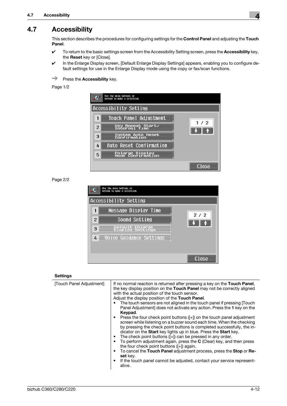 7 accessibility, Accessibility -12, P. 4-12 | Konica Minolta BIZHUB C360 User Manual | Page 49 / 285