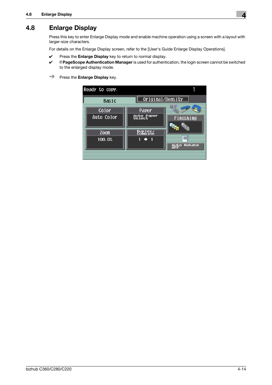 8 enlarge display, Enlarge display -14, P. 4-14 | Konica Minolta BIZHUB C360 User Manual | Page 51 / 285