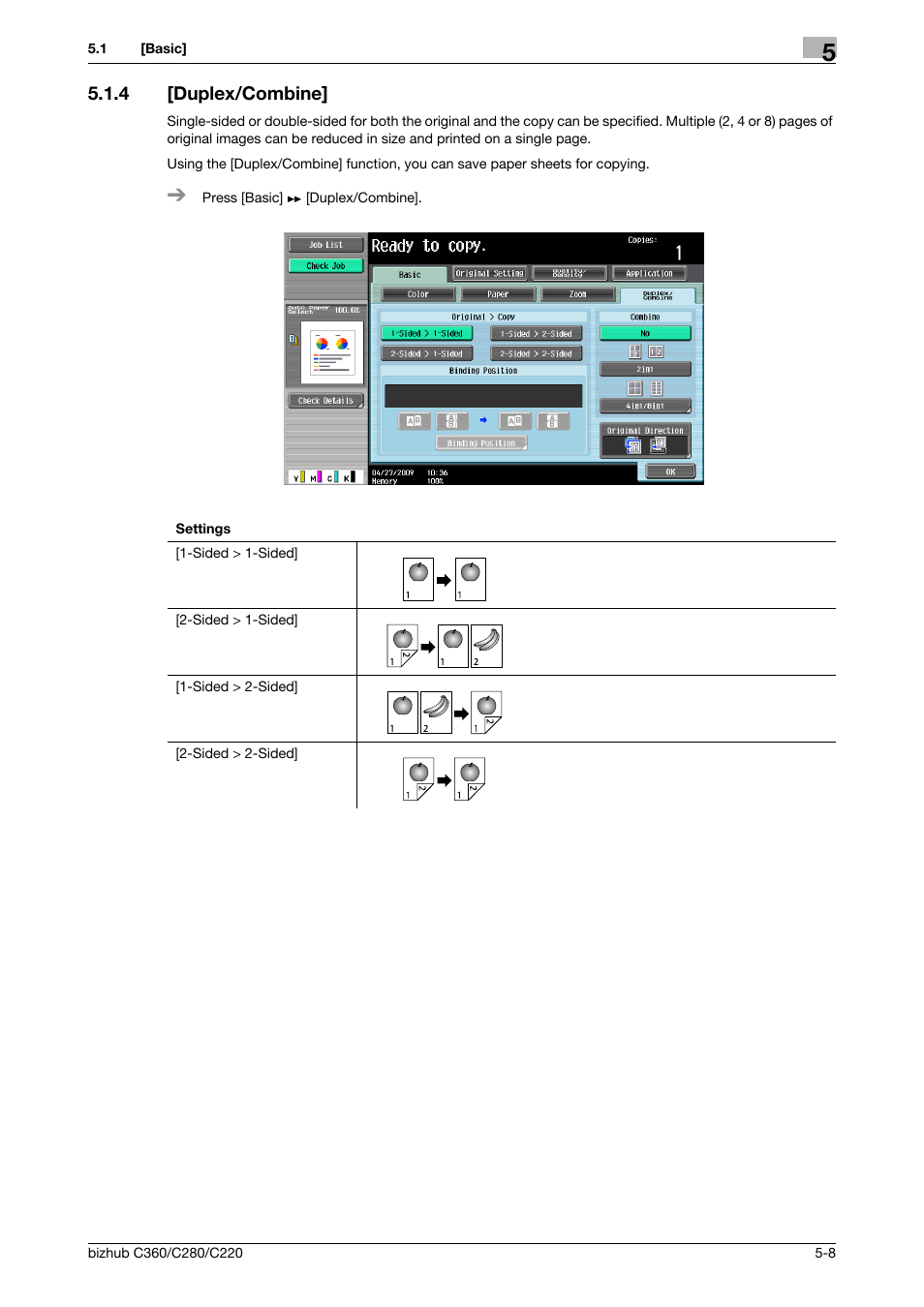 4 [duplex/combine, Duplex/combine] -8, P. 5-8 | Konica Minolta BIZHUB C360 User Manual | Page 65 / 285