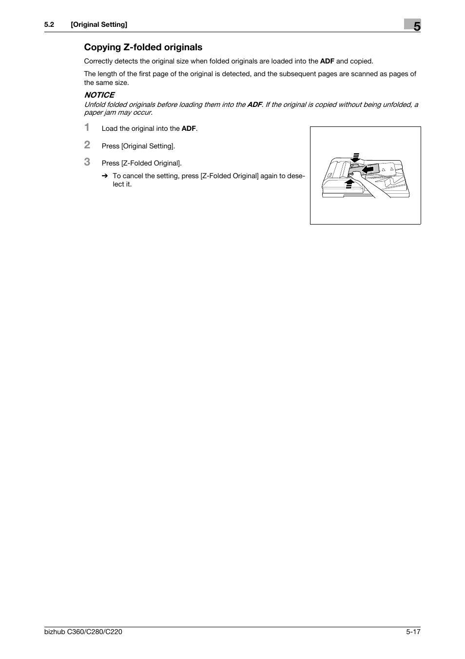 Copying z-folded originals, Copying z-folded originals -17 | Konica Minolta BIZHUB C360 User Manual | Page 74 / 285