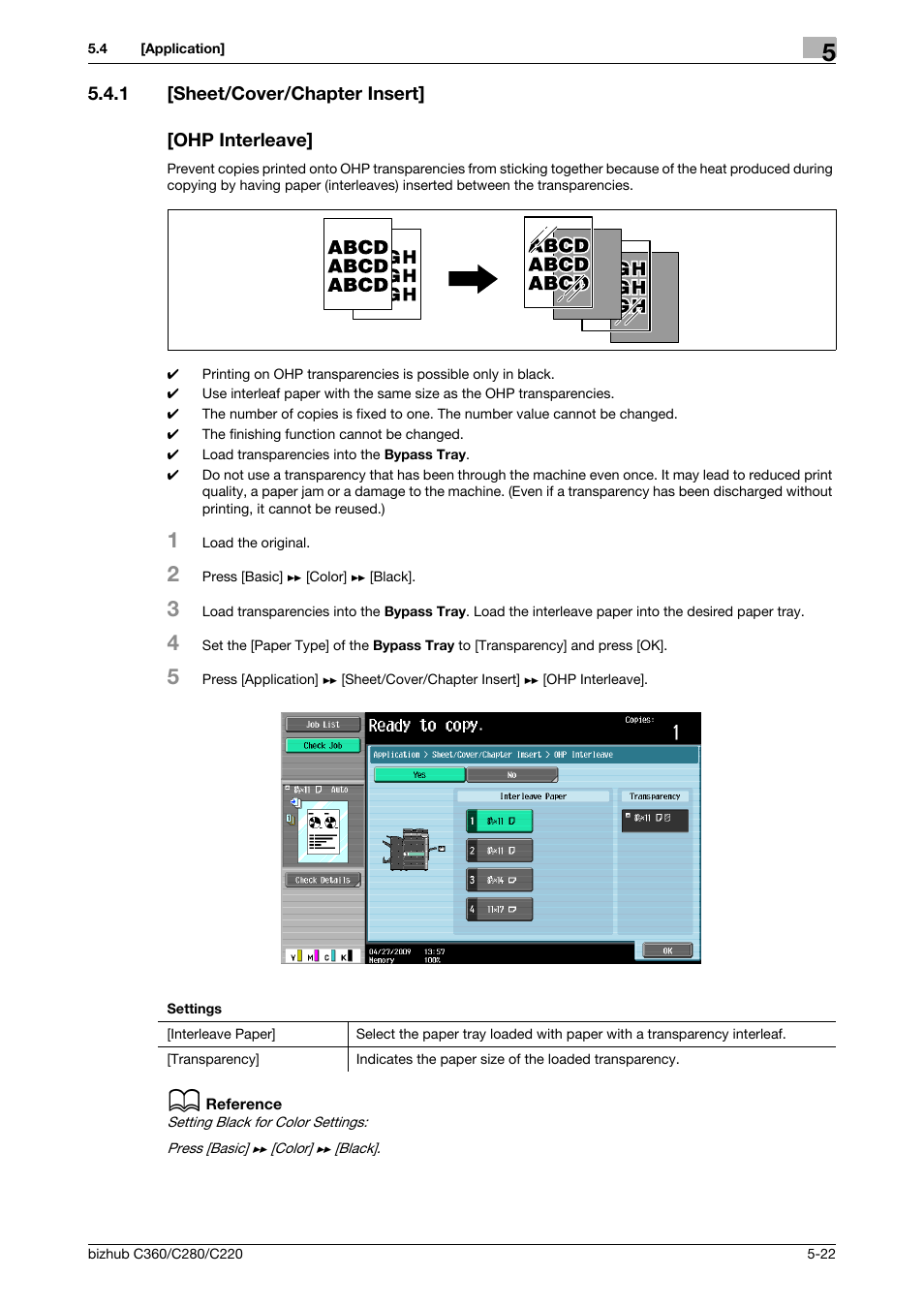 1 [sheet/cover/chapter insert, Ohp interleave, P. 5-22 | Konica Minolta BIZHUB C360 User Manual | Page 79 / 285