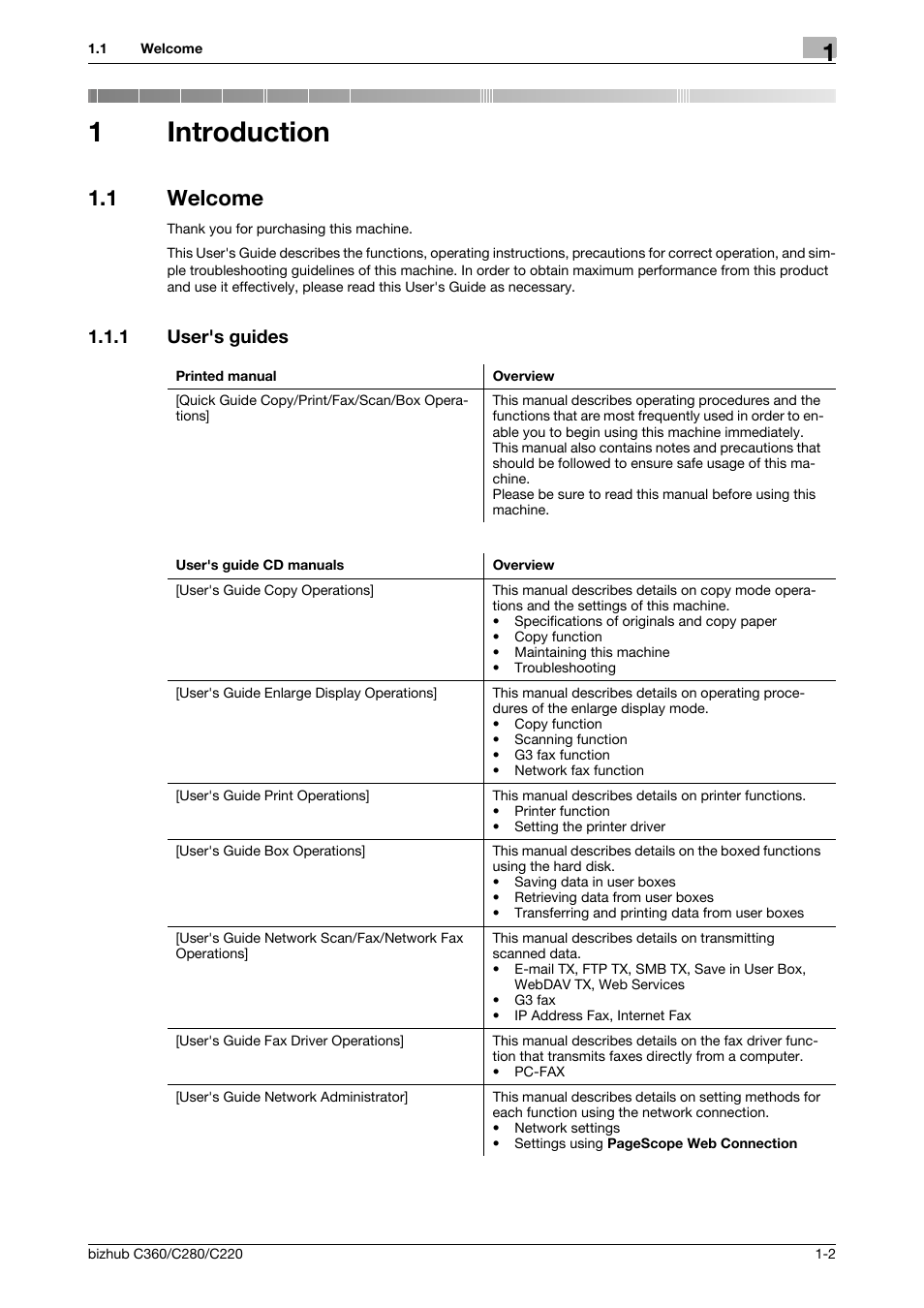 1 introduction, 1 welcome, 1 user's guides | Introduction, Welcome -2, User's guides -2, 1introduction | Konica Minolta BIZHUB C360 User Manual | Page 9 / 285