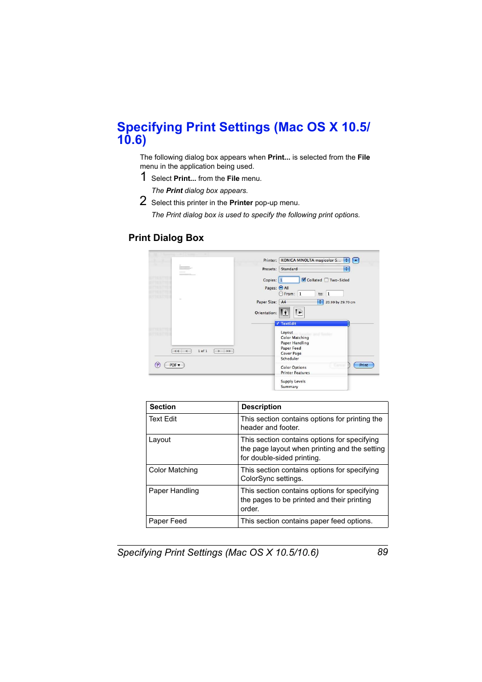 Specifying print settings (mac os x 10.5/ 10.6), Print dialog box, Specifying print settings (mac os x 10.5/10.6) 89 | Print dialog box 89 | Konica Minolta magicolor 5650 User Manual | Page 109 / 430