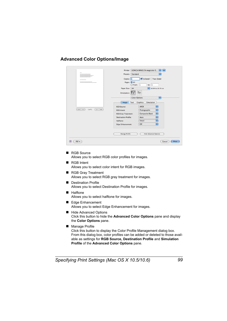 Advanced color options/image, Advanced color options/image 99 | Konica Minolta magicolor 5650 User Manual | Page 119 / 430