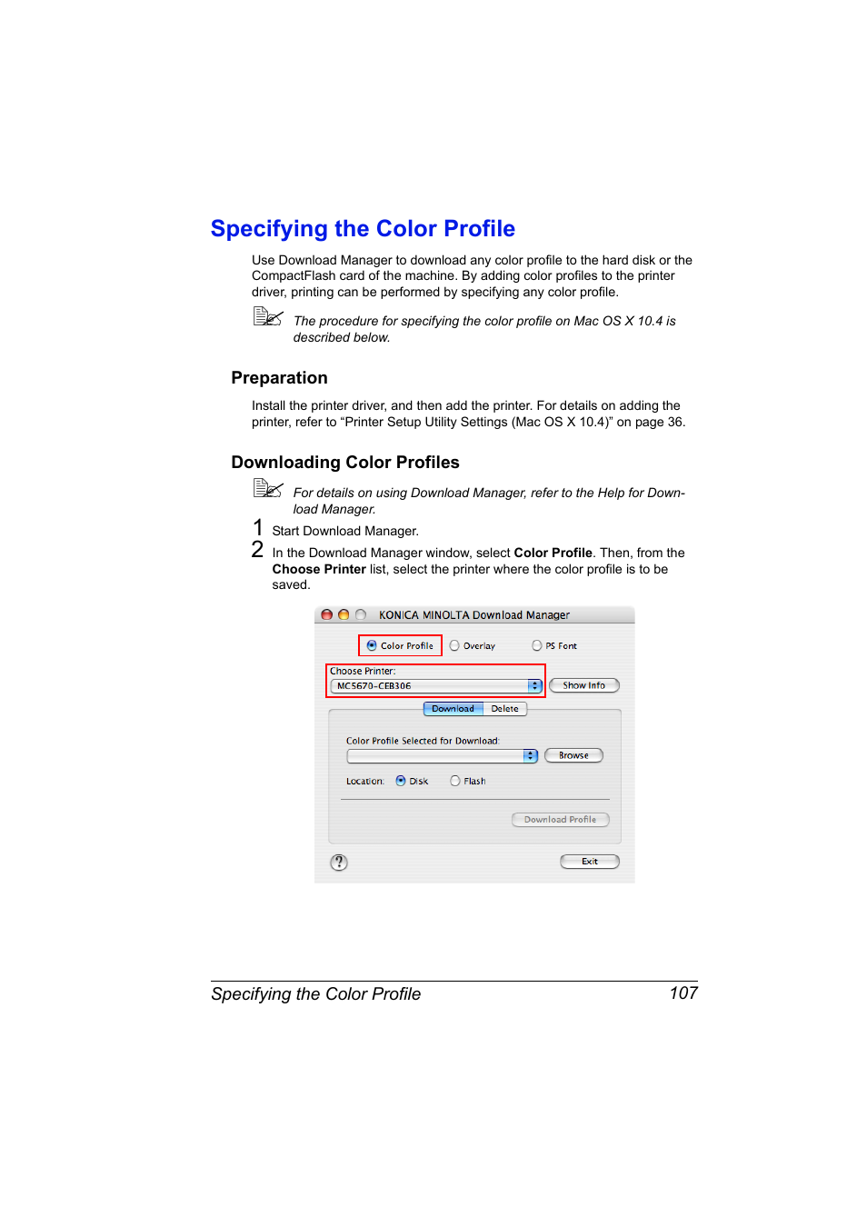 Specifying the color profile, Preparation, Downloading color profiles | Specifying the color profile 107, Preparation 107 downloading color profiles 107 | Konica Minolta magicolor 5650 User Manual | Page 127 / 430