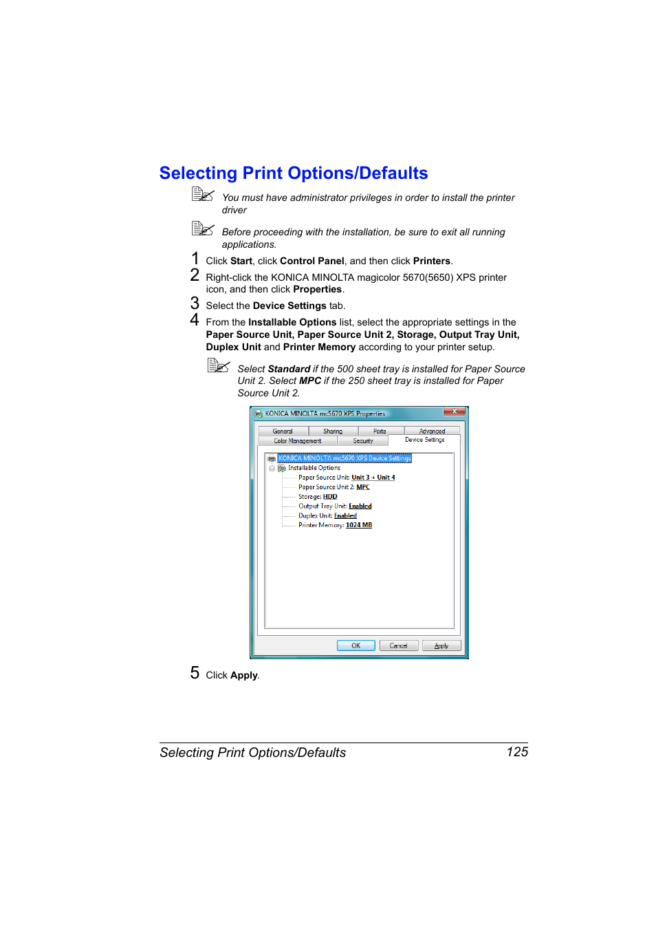 Selecting print options/defaults, Selecting print options/defaults 125 | Konica Minolta magicolor 5650 User Manual | Page 145 / 430