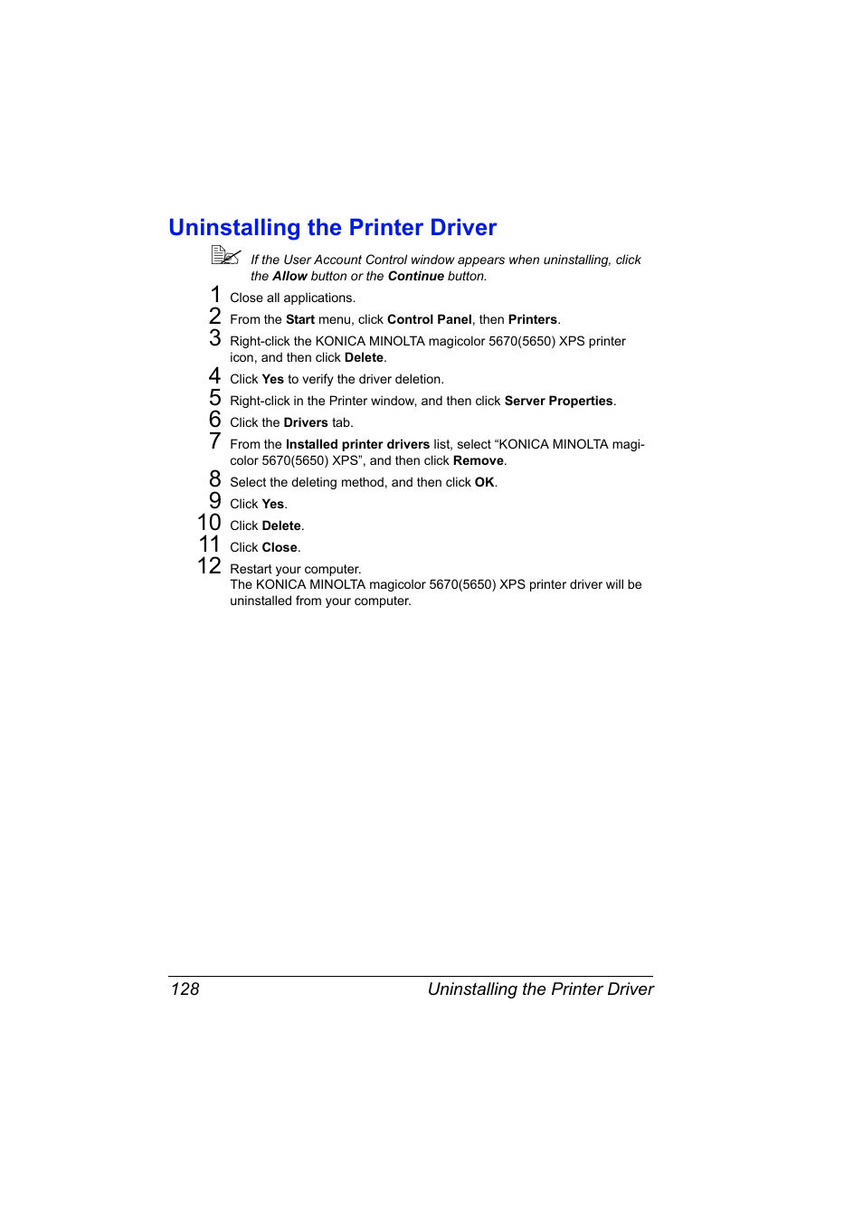 Uninstalling the printer driver, Uninstalling the printer driver 128 | Konica Minolta magicolor 5650 User Manual | Page 148 / 430