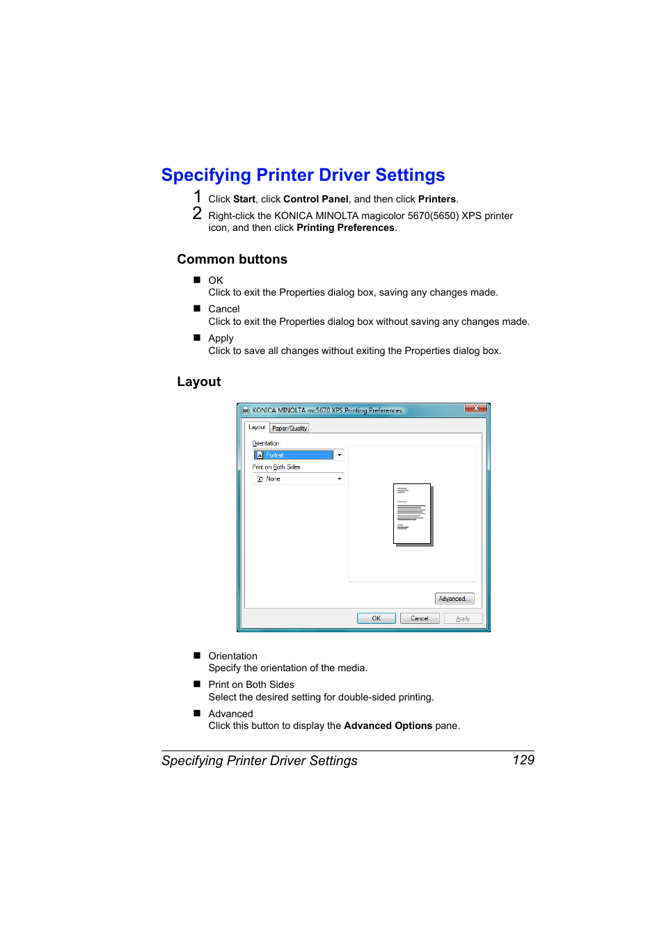 Specifying printer driver settings, Common buttons, Layout | Specifying printer driver settings 129, Common buttons 129 layout 129, Specifying printer driver settings 1 | Konica Minolta magicolor 5650 User Manual | Page 149 / 430