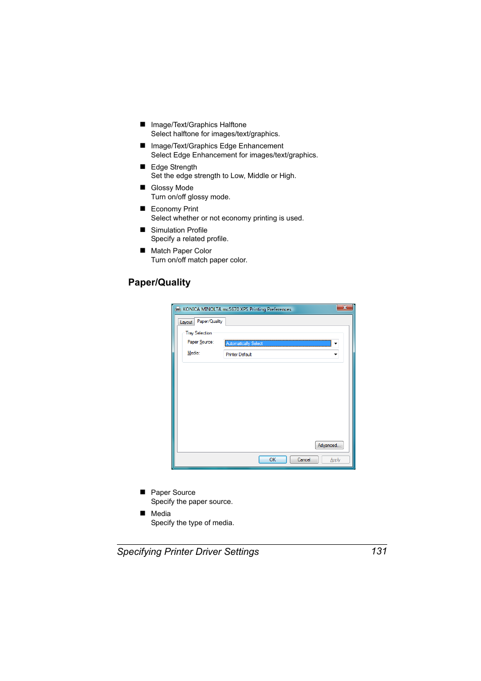 Paper/quality, Paper/quality 131, Specifying printer driver settings 131 | Konica Minolta magicolor 5650 User Manual | Page 151 / 430