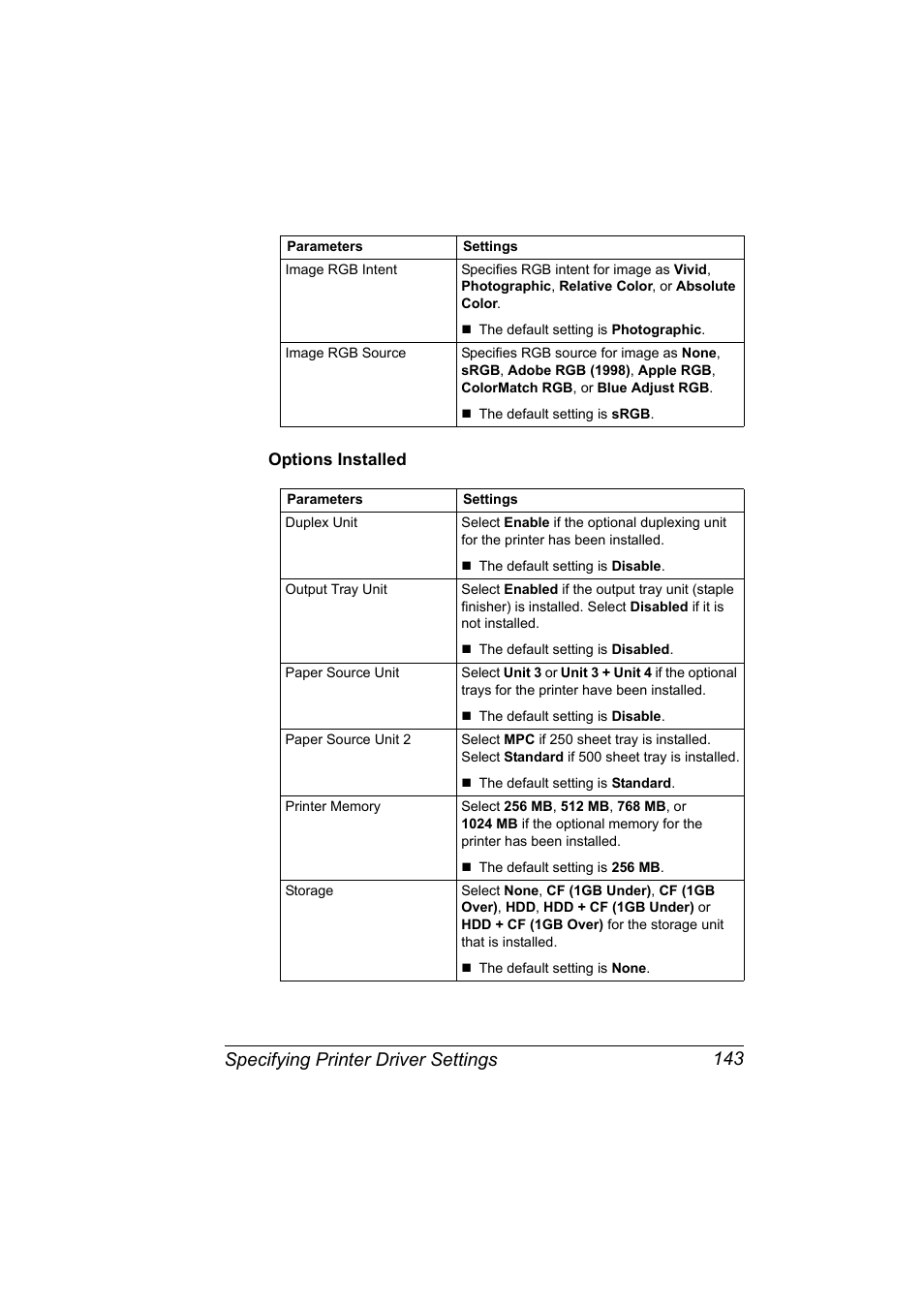 Options installed, Options installed 143, Specifying printer driver settings 143 | Konica Minolta magicolor 5650 User Manual | Page 163 / 430