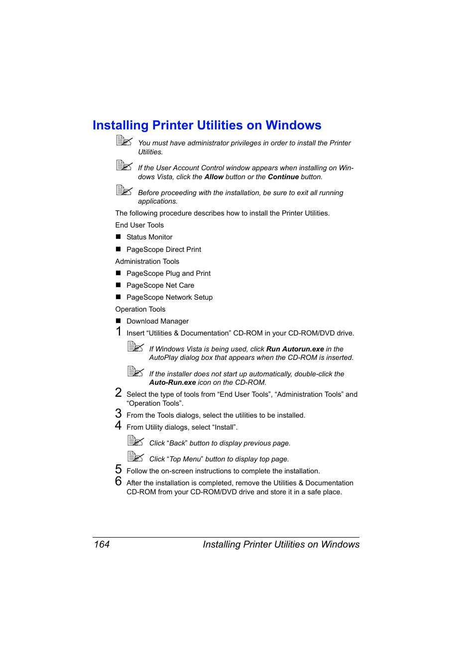 Installing printer utilities on windows, Installing printer utilities on windows 164 | Konica Minolta magicolor 5650 User Manual | Page 184 / 430