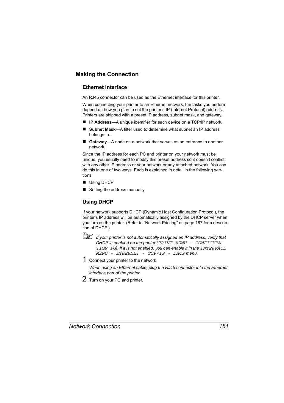 Making the connection, Ethernet interface, Using dhcp | Making the connection 181, Ethernet interface 181 using dhcp 181 | Konica Minolta magicolor 5650 User Manual | Page 201 / 430