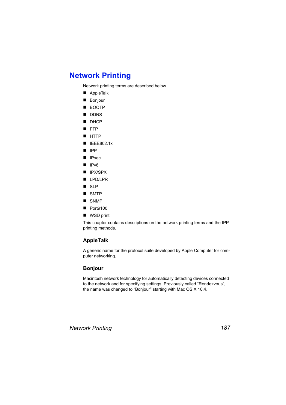 Network printing, Appletalk, Bonjour | Network printing 187, Appletalk 187 bonjour 187 | Konica Minolta magicolor 5650 User Manual | Page 207 / 430