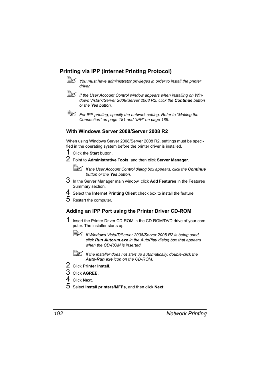 Printing via ipp (internet printing protocol), With windows server 2008/server 2008 r2, Adding an ipp port using the printer driver cd-rom | Printing via ipp (internet printing protocol) 192 | Konica Minolta magicolor 5650 User Manual | Page 212 / 430