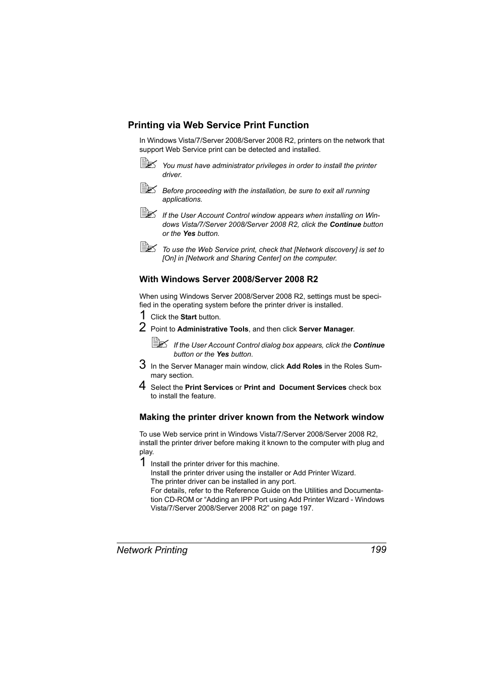 Printing via web service print function, With windows server 2008/server 2008 r2, Printing via web service print function 199 | Konica Minolta magicolor 5650 User Manual | Page 219 / 430