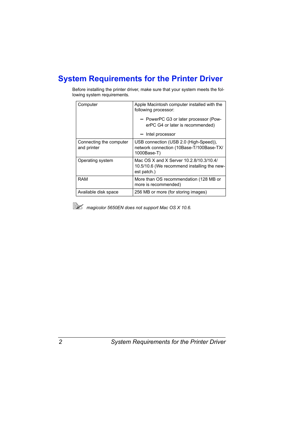 System requirements for the printer driver, System requirements for the printer driver 2 | Konica Minolta magicolor 5650 User Manual | Page 22 / 430