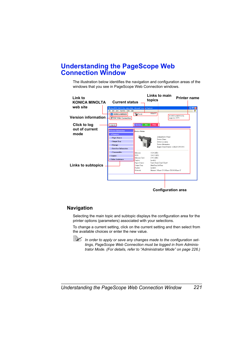 Navigation, Navigation 221, Understanding the pagescope web connection window | Konica Minolta magicolor 5650 User Manual | Page 241 / 430