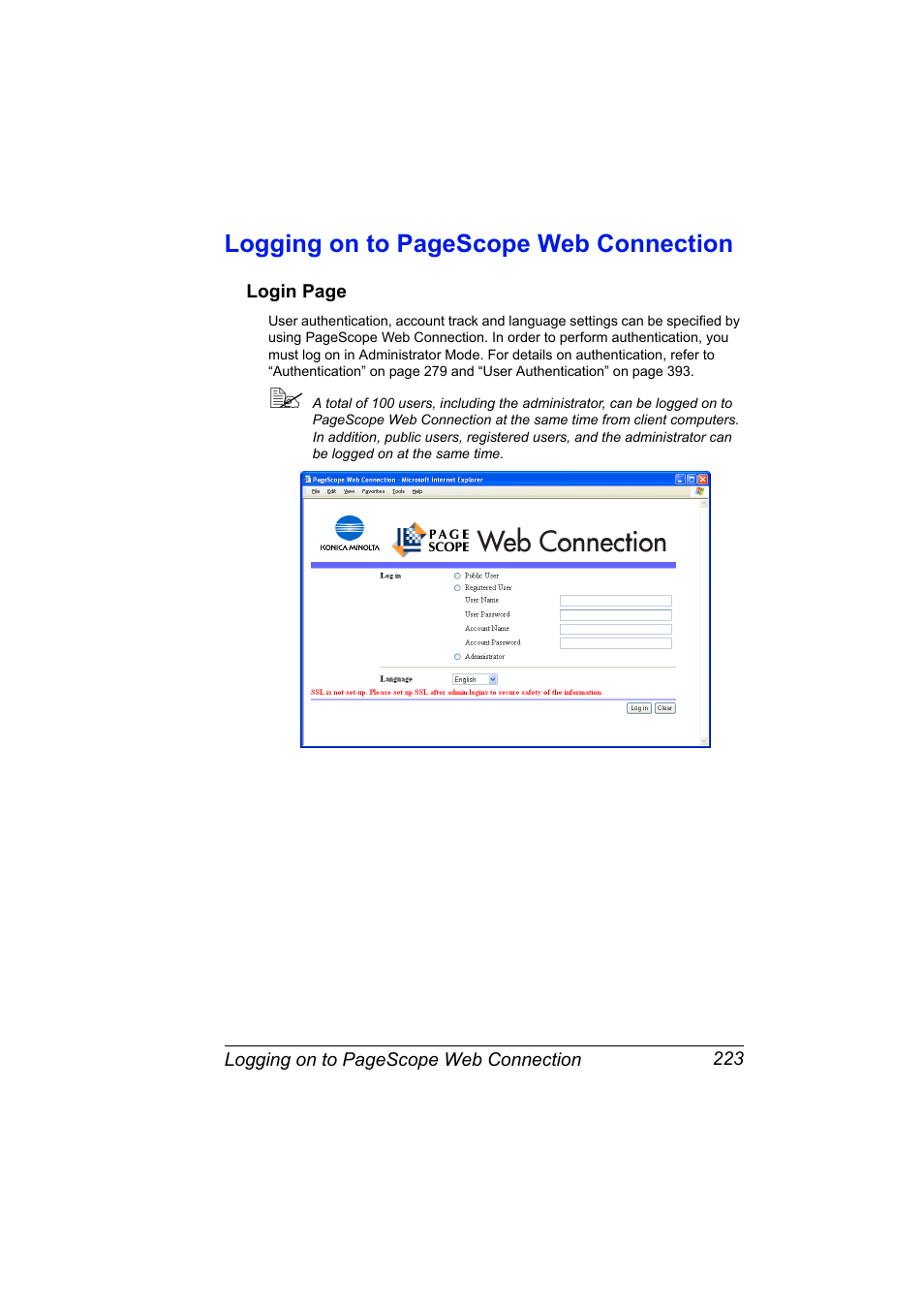 Logging on to pagescope web connection | Konica Minolta magicolor 5650 User Manual | Page 243 / 430