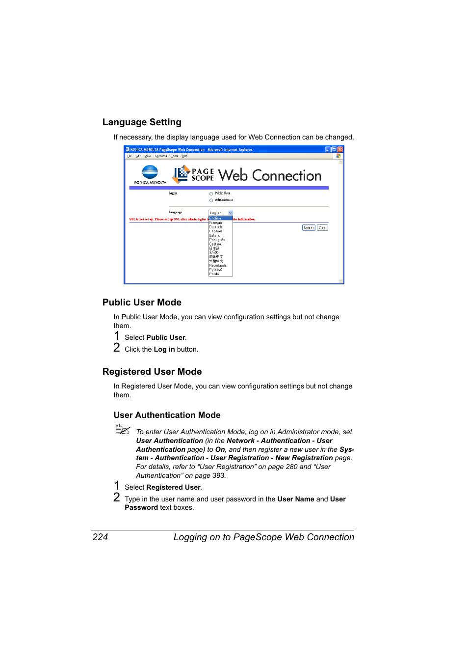 Language setting, Public user mode, Registered user mode | User authentication mode, User authentication mode 224 | Konica Minolta magicolor 5650 User Manual | Page 244 / 430