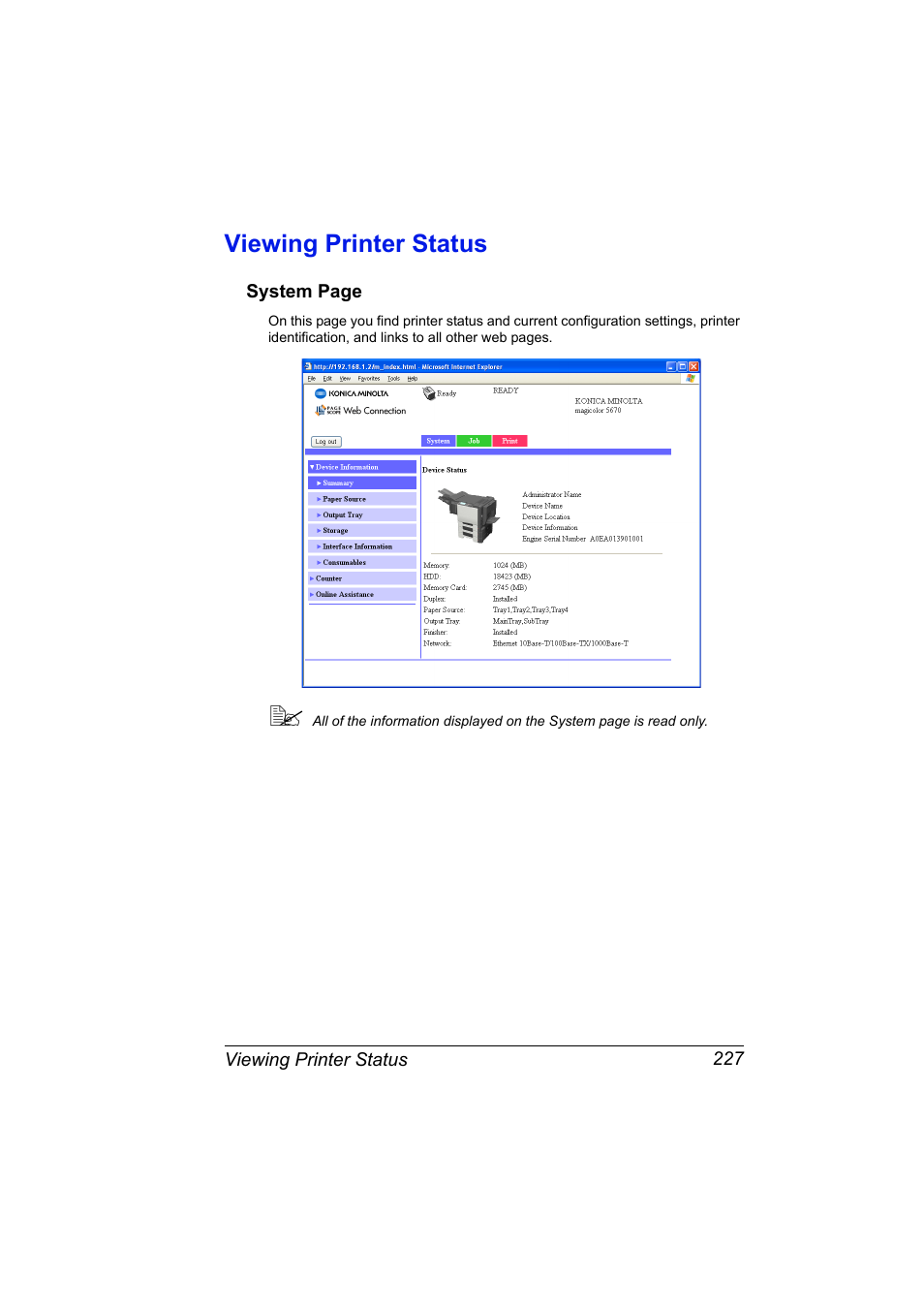 Viewing printer status, Viewing printer status 227 | Konica Minolta magicolor 5650 User Manual | Page 247 / 430